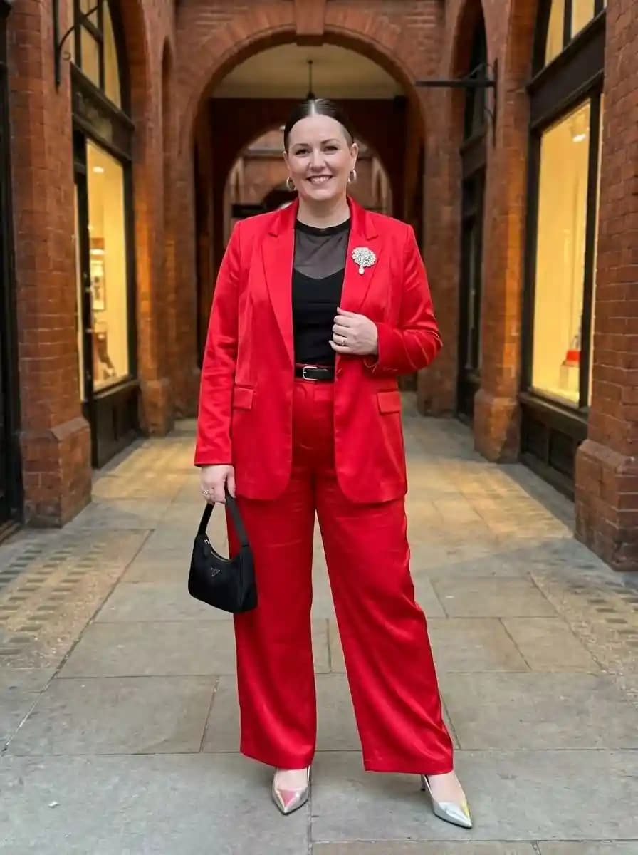 Black Sheer Top + Red Blazer + Red Trousers