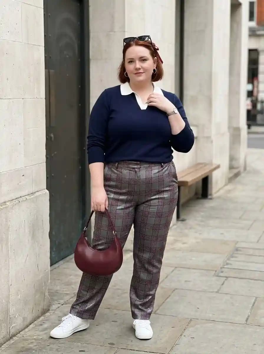 Navy Polo Sweater + Grey Plaid Trousers