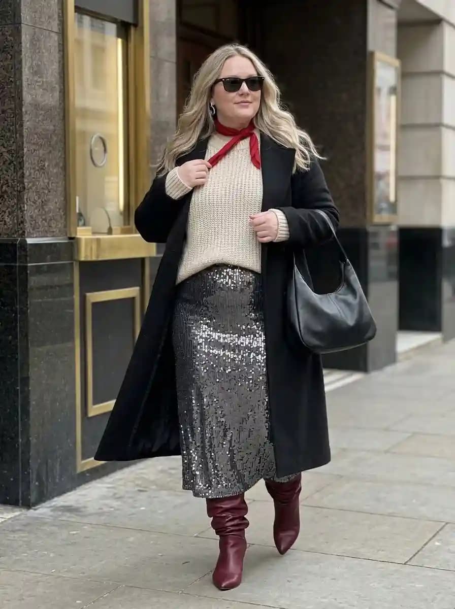 Cream Cable-Knit Sweater + Black Coat + Silver Sequin Skirt