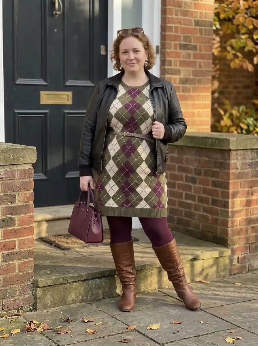 Olive Argyle Knit Dress + Black Leather Jacket