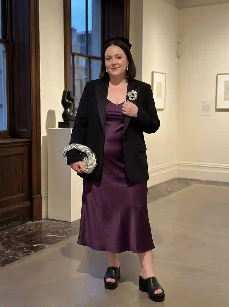 Black Tuxedo Blazer + Purple Satin Slip Dress