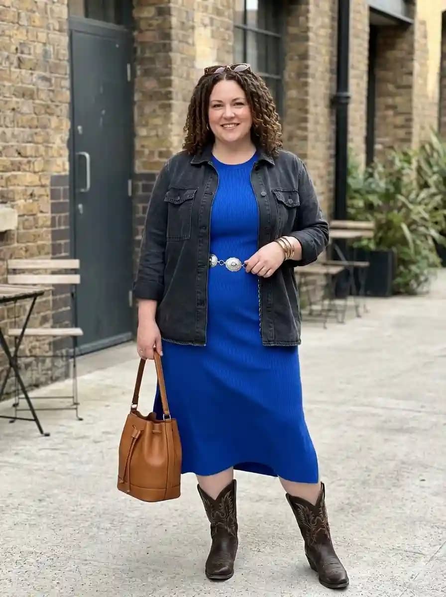 Royal Blue Ribbed Midi Dress + Black Denim Shacket