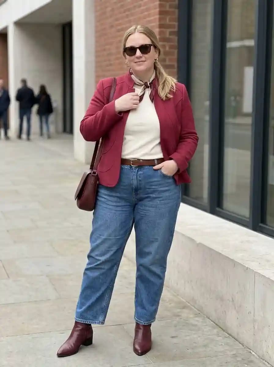 Cream Turtleneck + Red Blazer + Blue Jeans