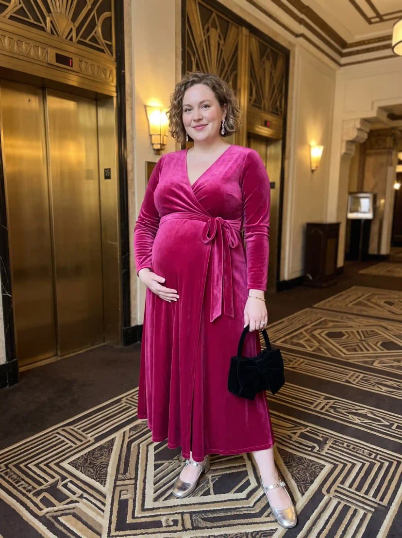 Pink Velvet Wrap Maternity Dress