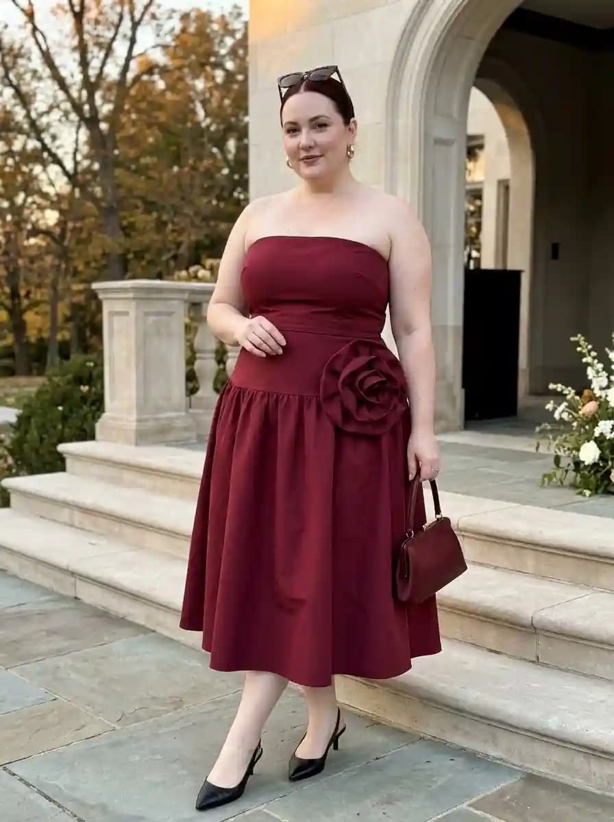 Burgundy Strapless Dress with Flower Accent