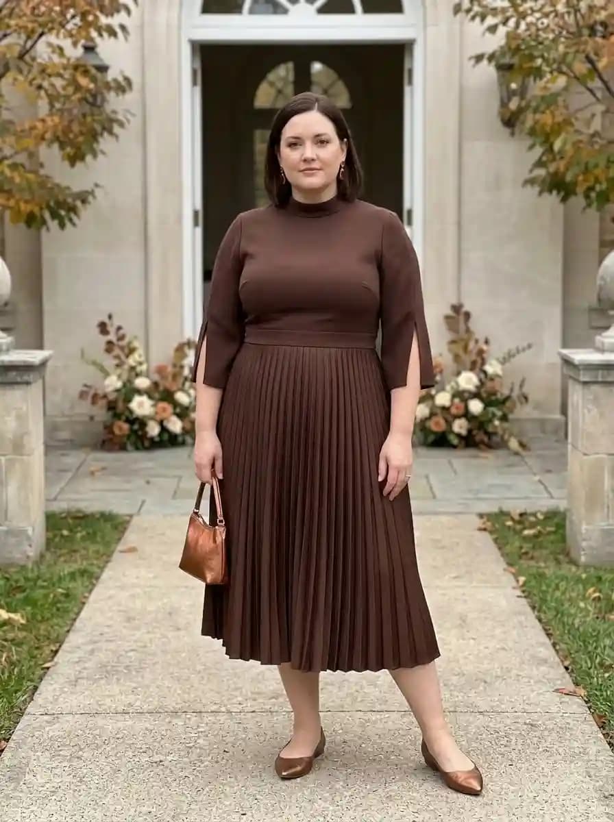 Chocolate Brown Mock-Neck Pleated Midi Dress