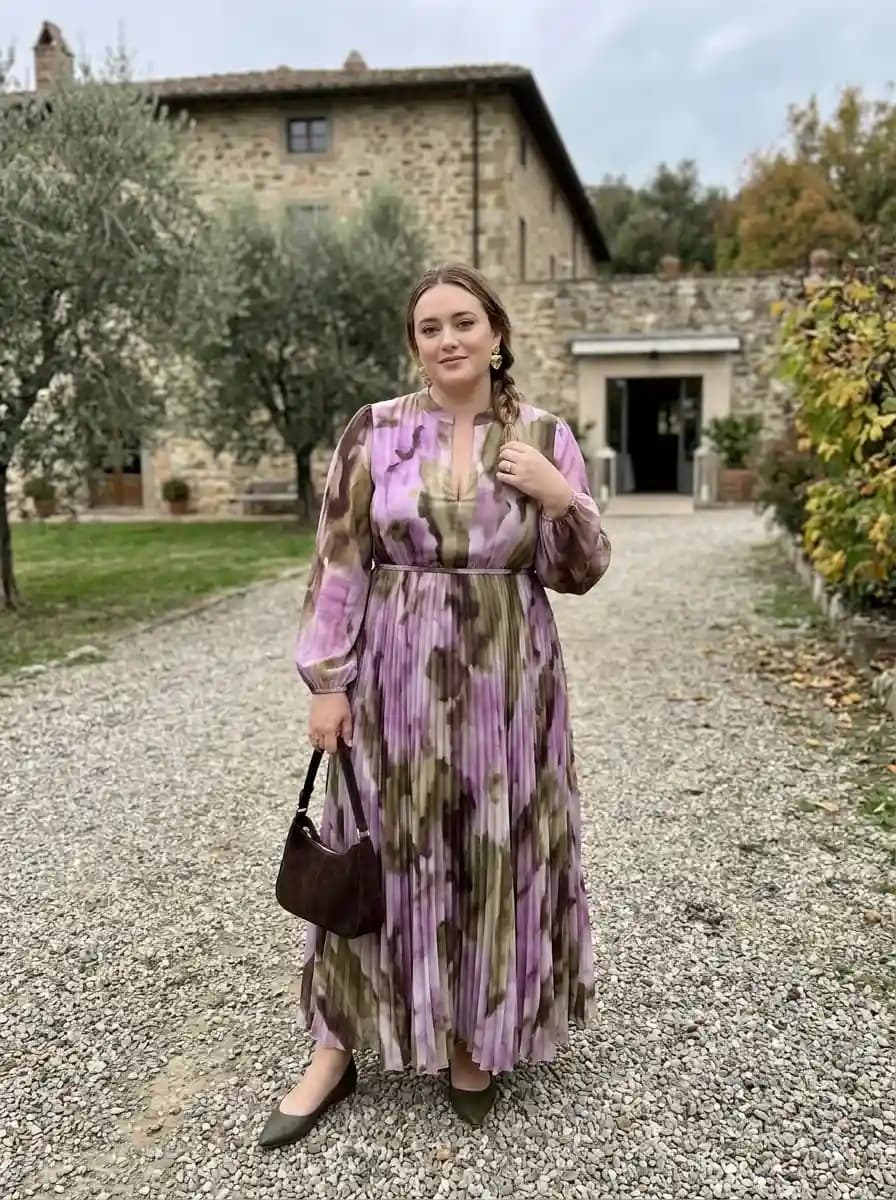 Abstract Floral Print Bishop-Sleeve Maxi Dress