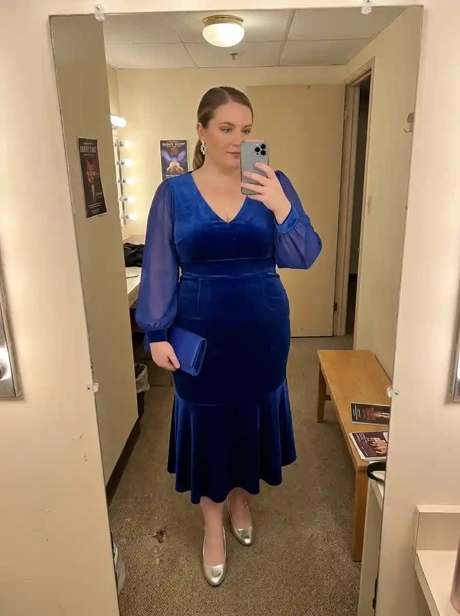 Royal Blue Velvet Sheath Dress with Sheer Bishop Sleeves