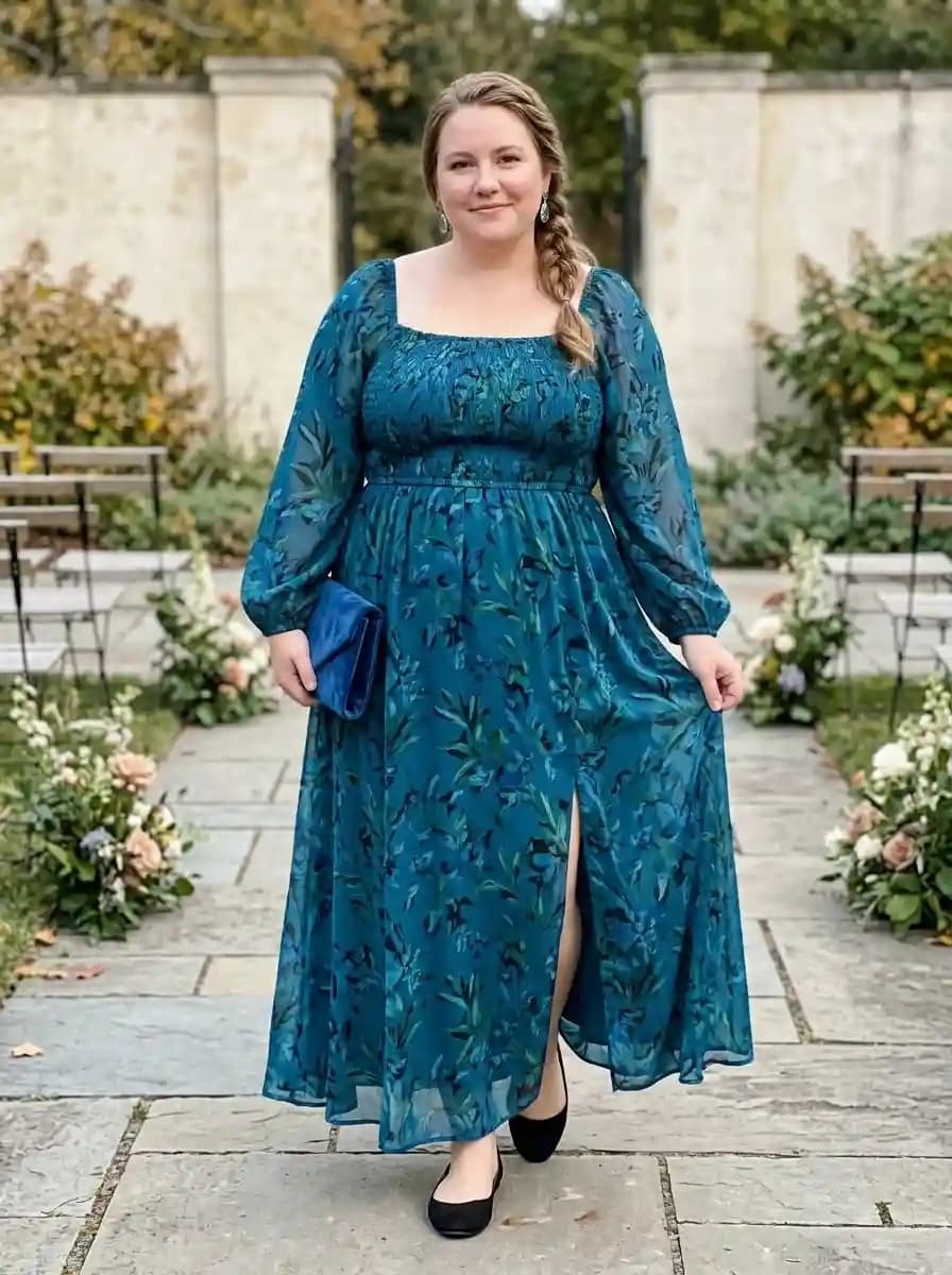 Teal Green Smocked-Bodice Floral Midi Dress