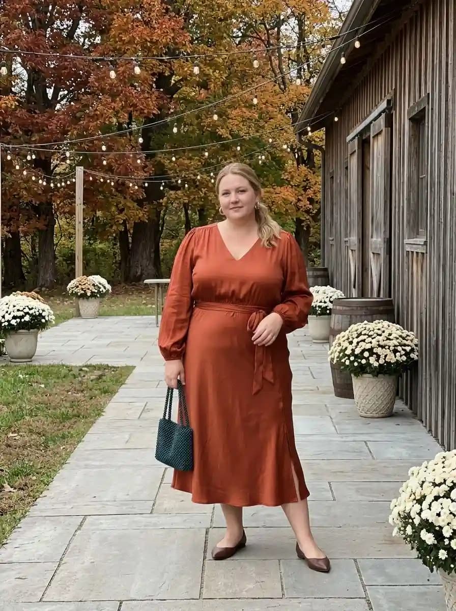 Rust Satin Bishop-Sleeve Midi Dress with Self-Tie Belt
