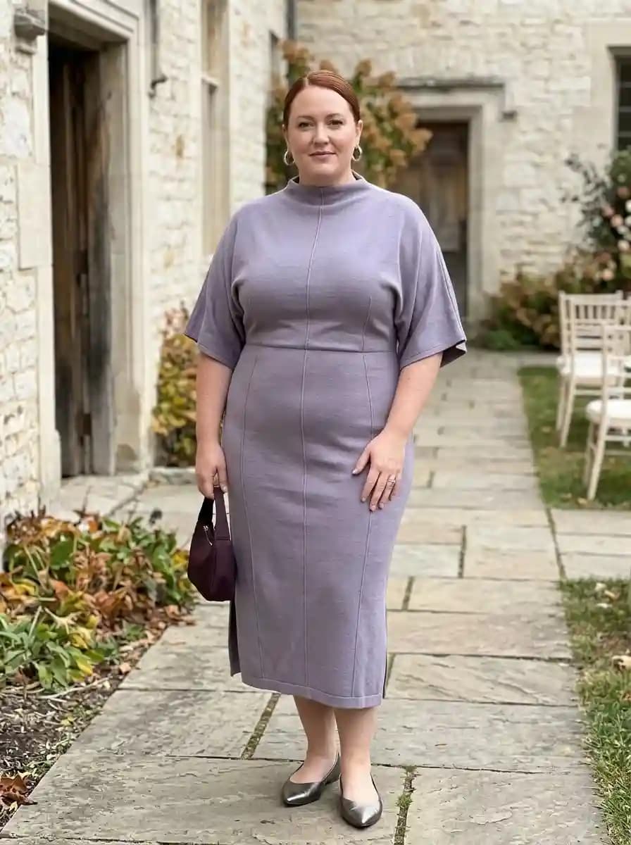 Mauve Knit Mock-Neck Dress with Flutter Sleeves