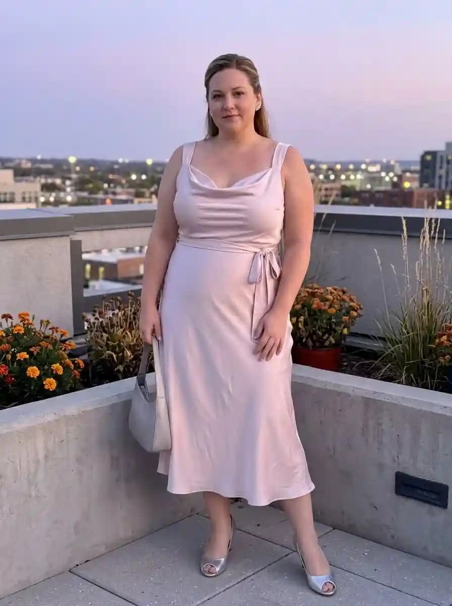 Blush Satin Cowl-Neck Slip Midi Dress
