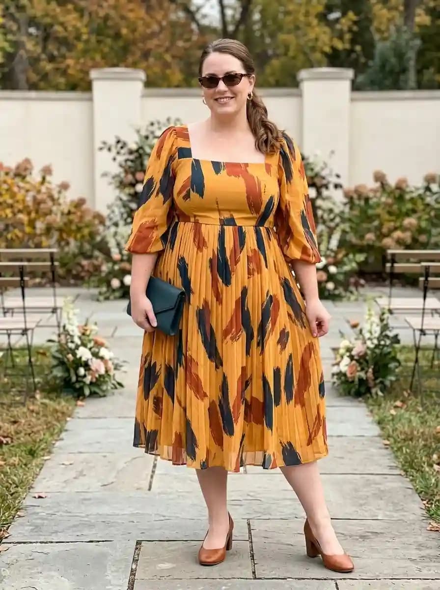 Mustard Brushstroke-Print Puff-Sleeve Midi Dress