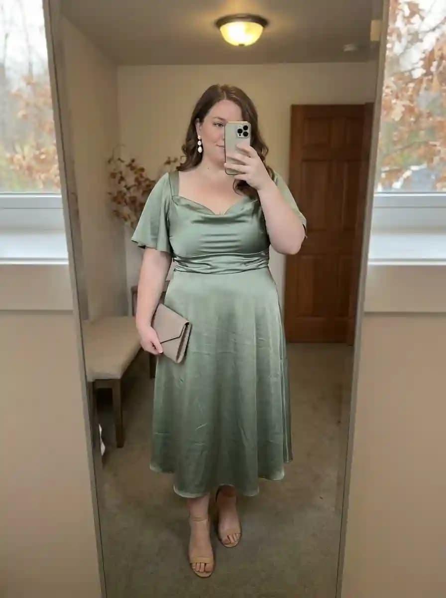 Sage Green Satin Cowl-Neck Flutter-Sleeve Dress