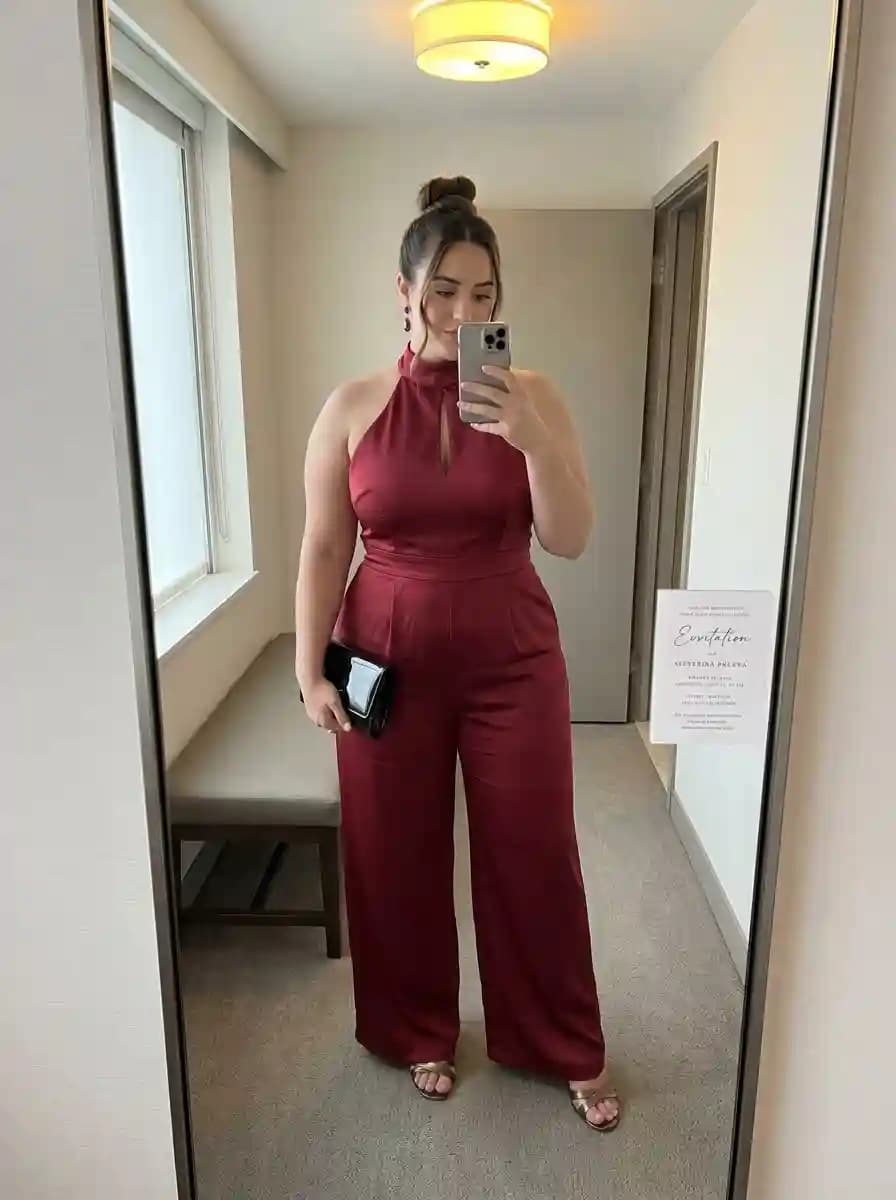Burgundy Halter-Neck Wide-Leg Jumpsuit