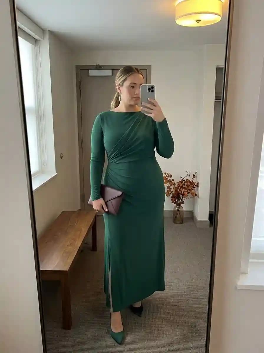 Emerald Green Ruched Long-Sleeve Midi Dress