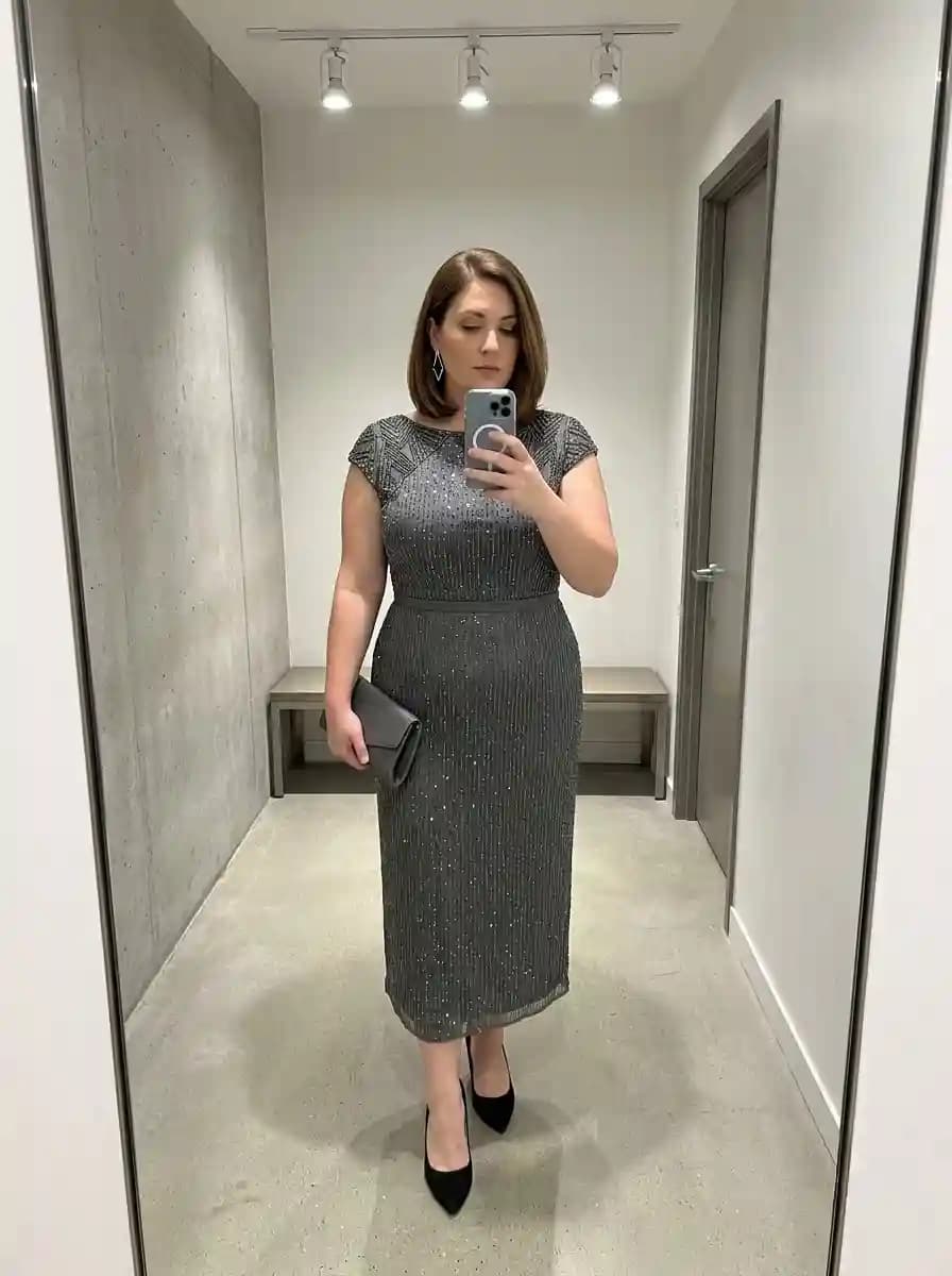 Charcoal Silver Beaded Sheath Dress