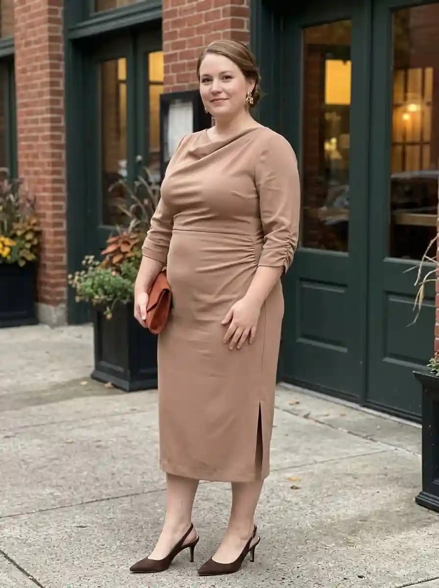 Camel Draped Cowl-Neck Long-Sleeve Midi Dress