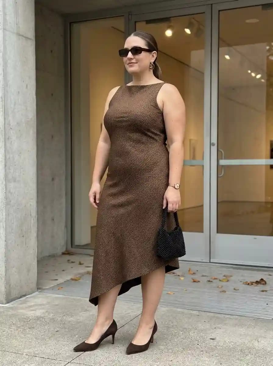 Bronze Textured High-Neck Asymmetric-Hem Dress