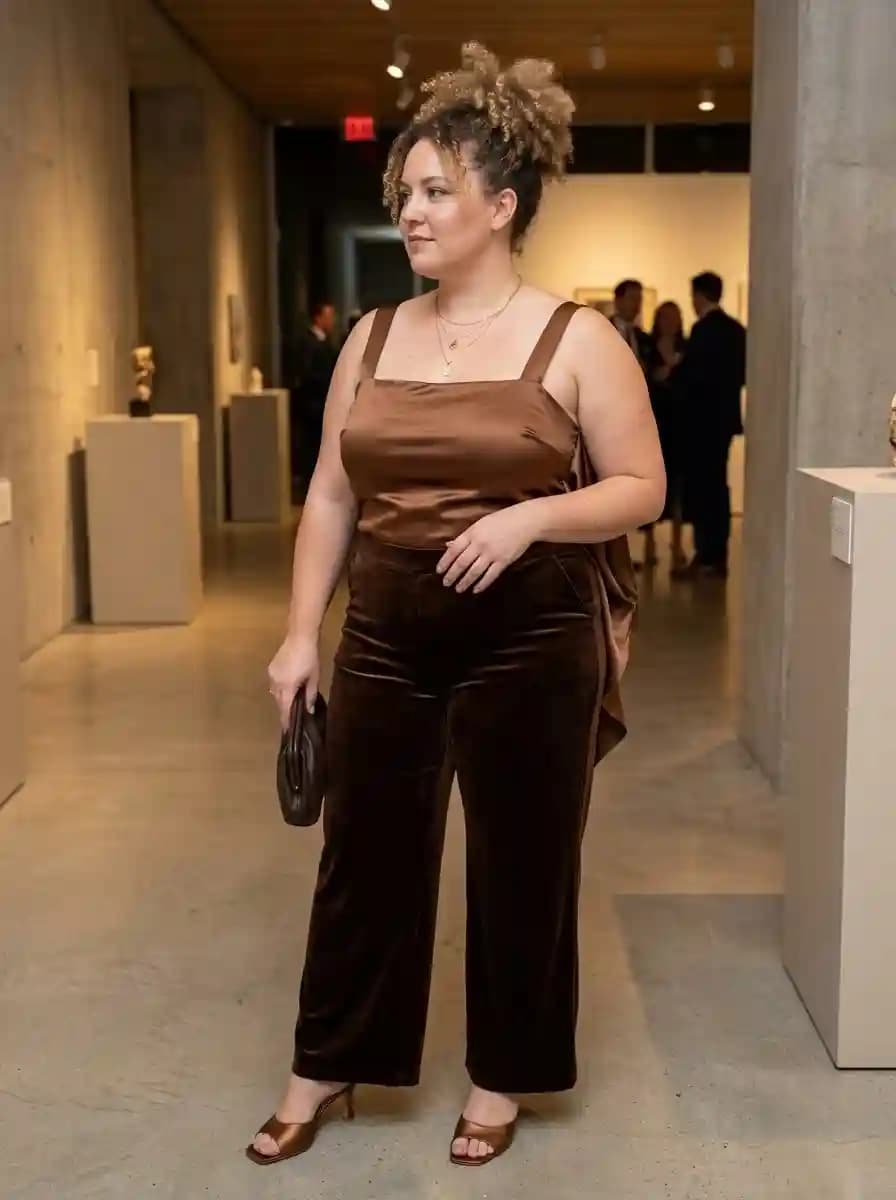 Chocolate Brown Satin Cami + Velvet Wide-Leg Pants