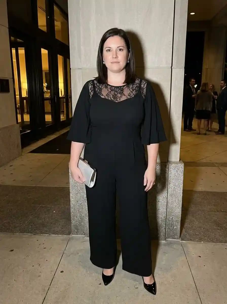 Black Lace-Trim Jumpsuit with Flutter Sleeves