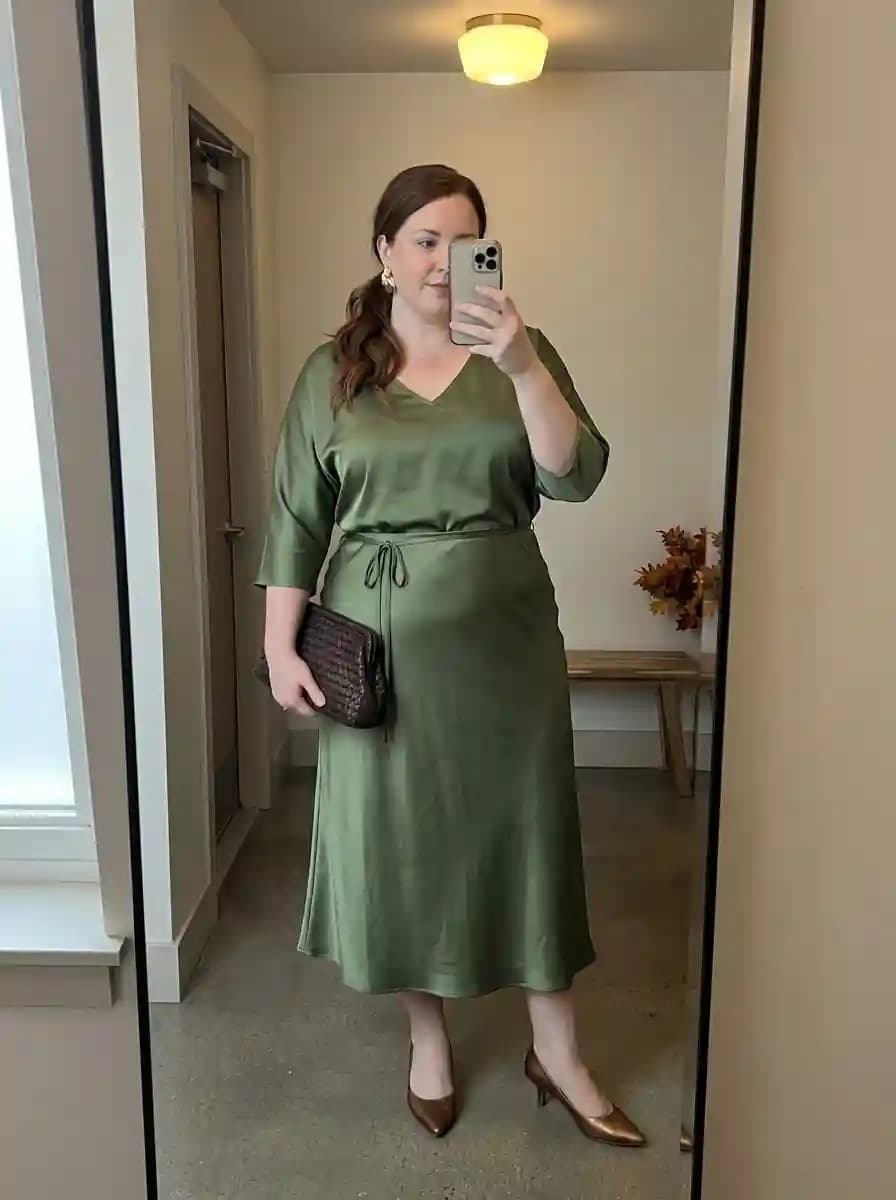 Olive Satin Drawstring-Waist Midi Dress