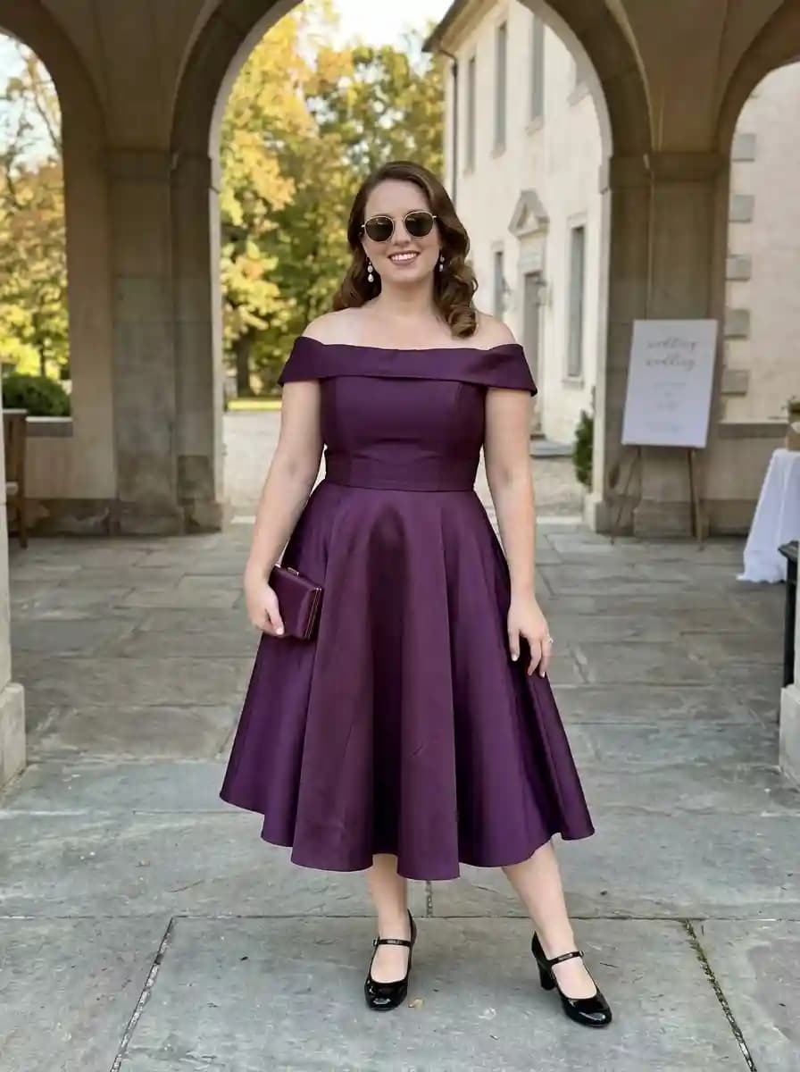 Deep Purple Off-the-Shoulder Fit-and-Flare Dress