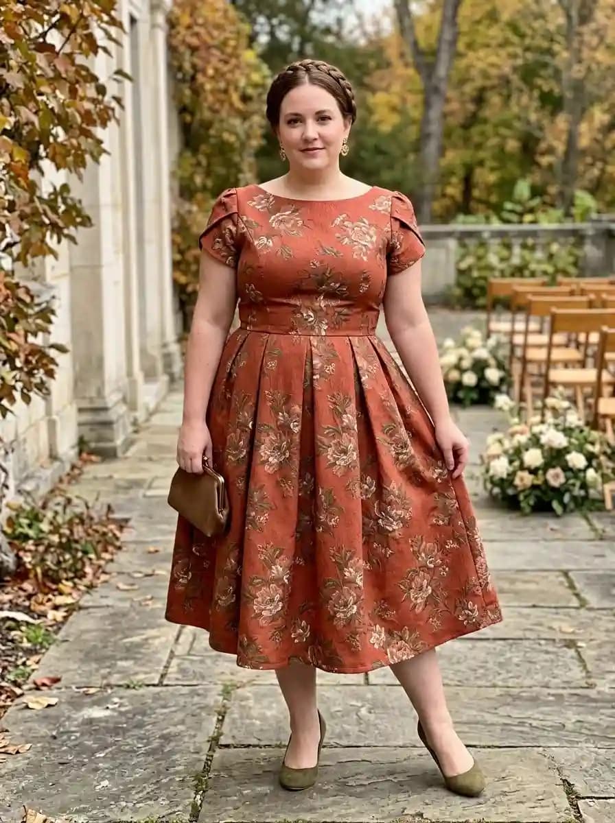 Rust Brocade Boat-Neck Midi Dress