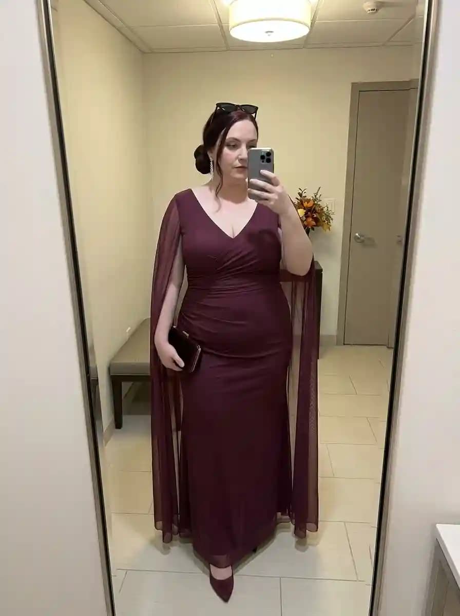 Burgundy Cape-Sleeve Floor-Length Gown