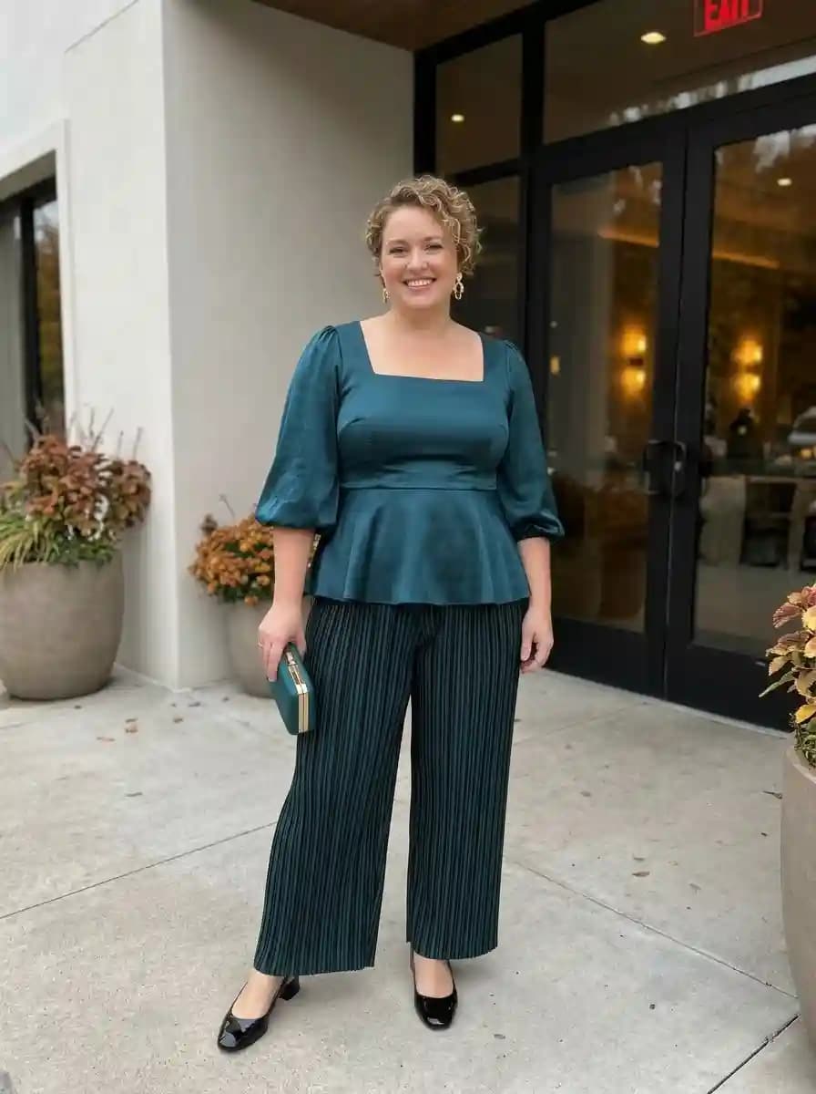Teal Satin Square-Neck Top + Pleated Wide-Leg Pants