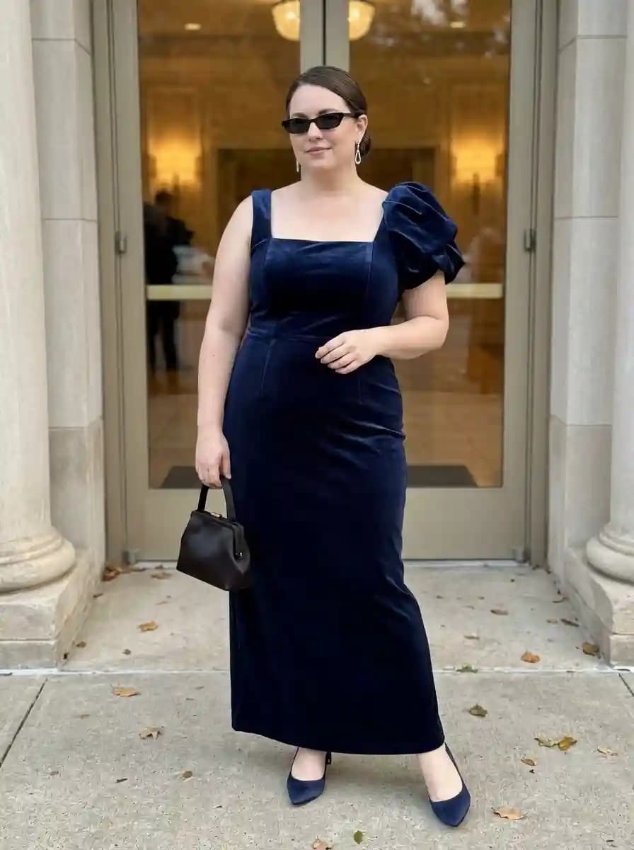 Navy Velvet Maxi Dress with Asymmetric Puff Shoulder