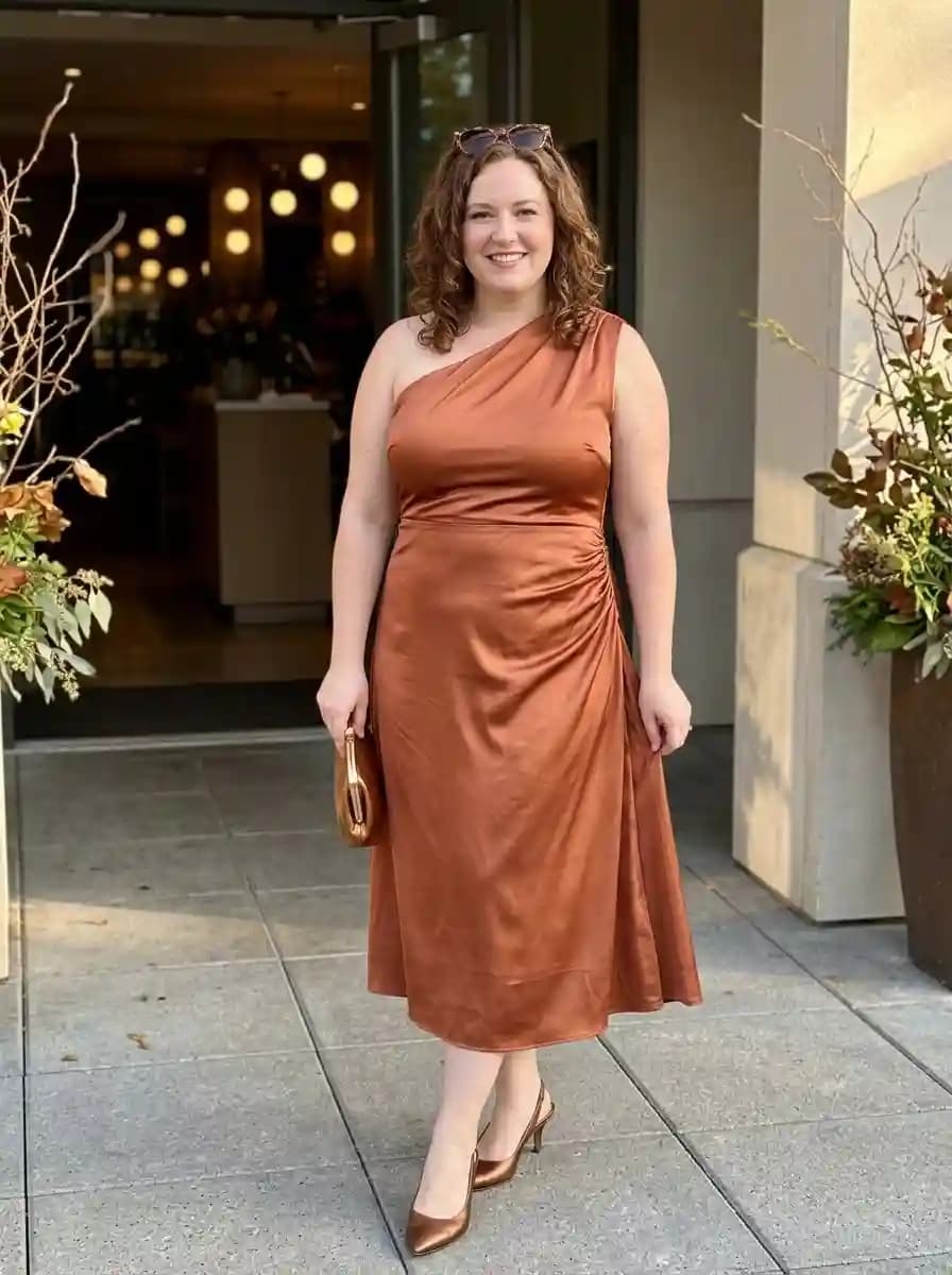 Burnished Copper One-Shoulder Draped Midi Dress
