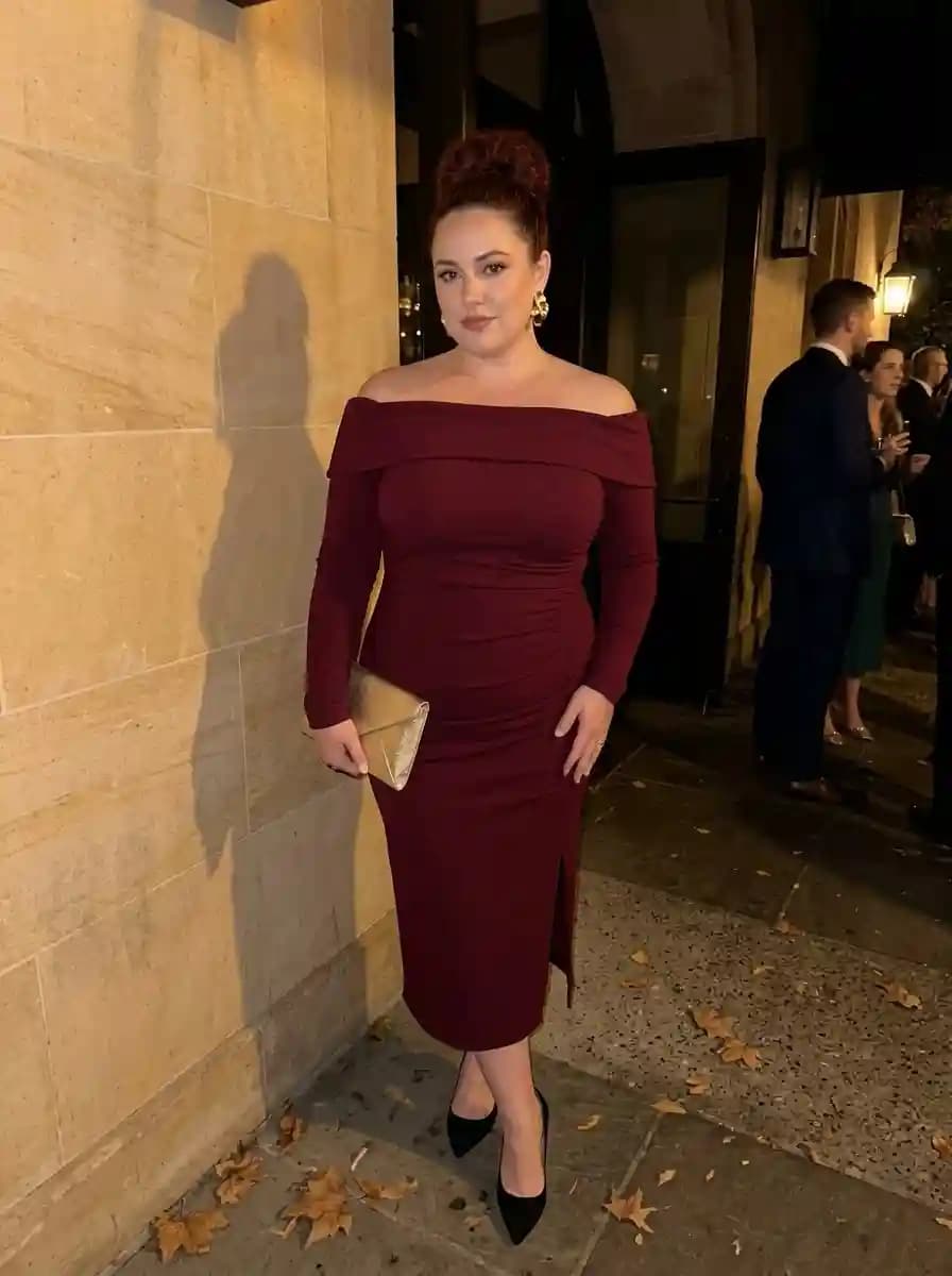 Burgundy Off-the-Shoulder Ruched Knit Midi Dress
