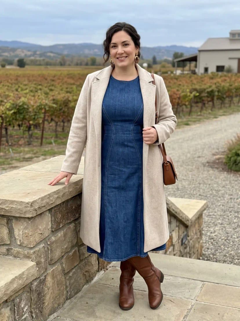 Cream Longline Coat + Denim Sheath Dress + Brown Knee-High Boots