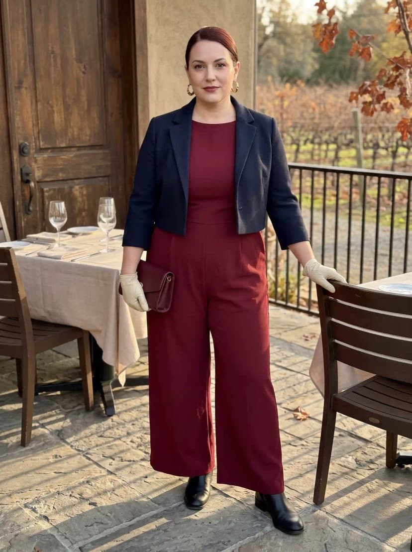 Navy Cropped Blazer + Burgundy Wide-Leg Jumpsuit + Black Ankle Boots