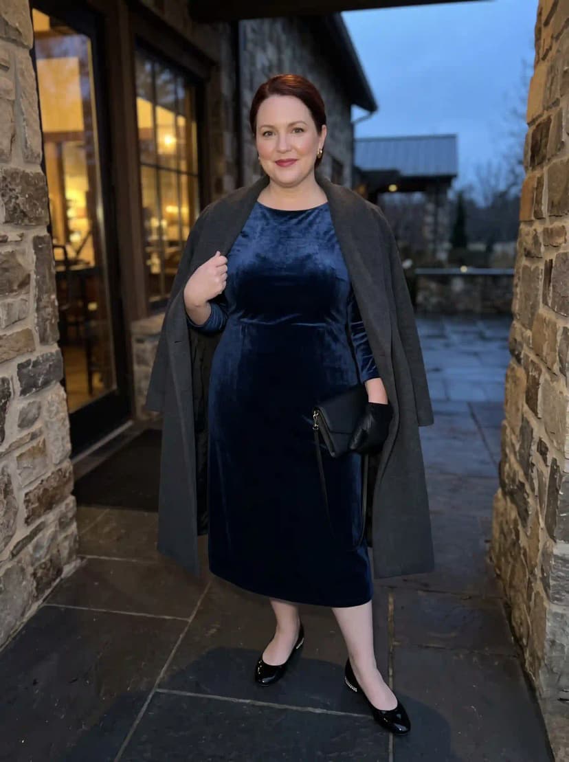 Navy Velvet Midi Dress + Grey Coat Drape + Black Flats
