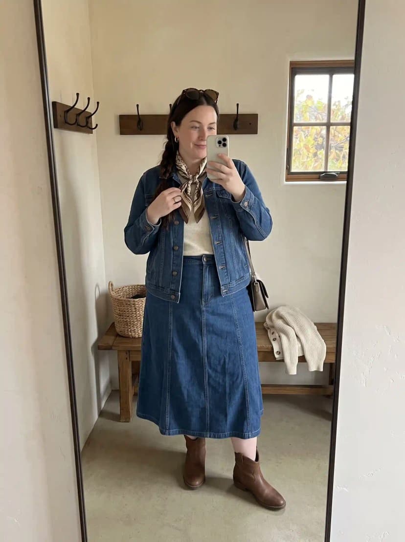 Denim Jacket + Cream Top + Denim Midi Skirt + Neck Scarf