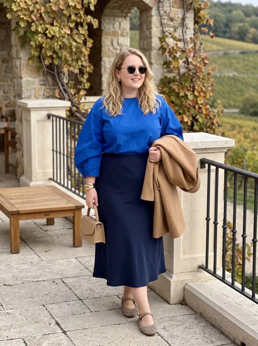 Cobalt Blue Puff Sleeve Top + Navy Midi Slip Skirt + Sparkle Flats