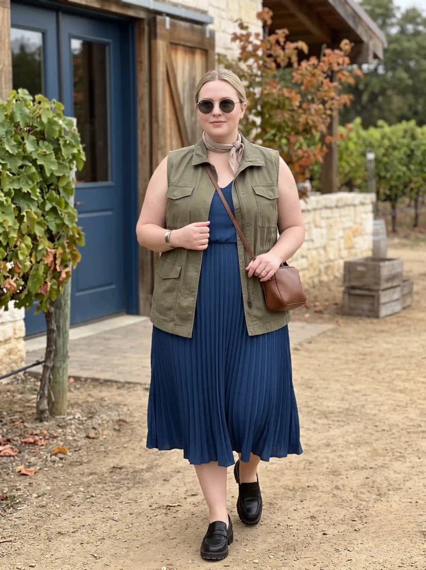 Olive Utility Vest + Blue Pleated Midi Dress + Black Loafers