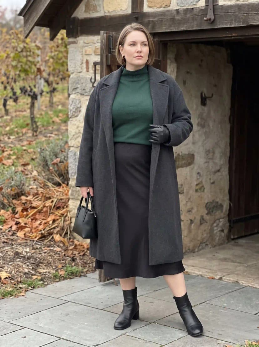 Charcoal Grey Coat + Dark Green Turtleneck + Black Midi Skirt