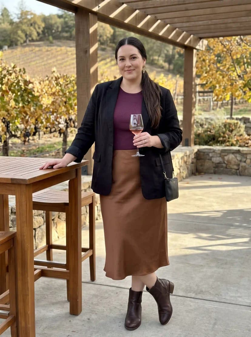 Black Blazer + Burgundy Top + Brown Satin Midi Skirt