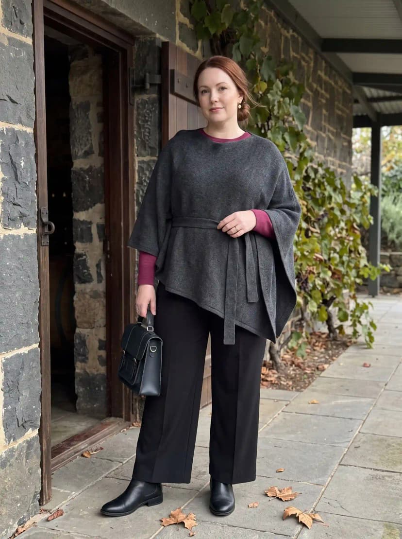 Grey Belted Poncho + Burgundy Top + Black Wide-Leg Trousers
