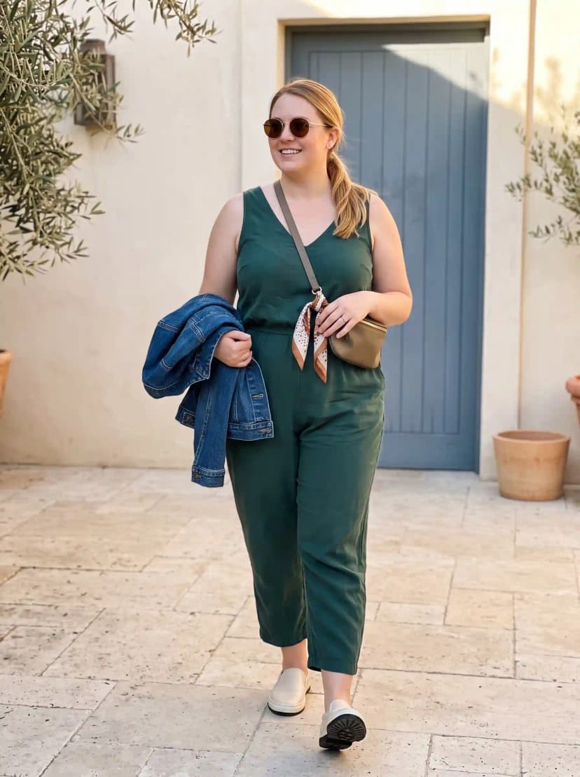 Forest Green Sleeveless Jumpsuit + Denim Jacket + White Slip-On Shoes