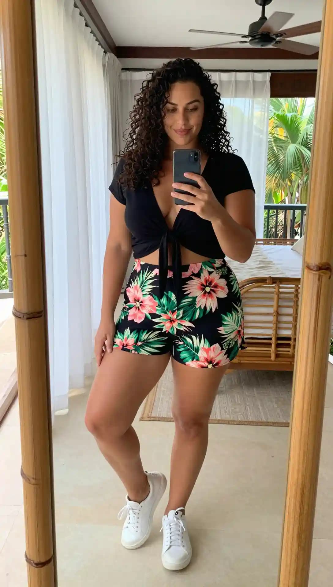 Black Tie-Front Top + Tropical Print Shorts + White Sneakers