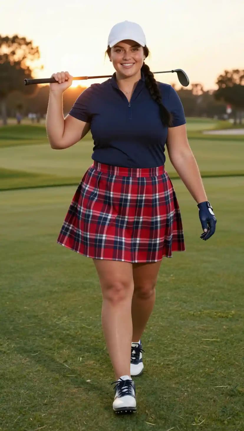 Navy Blue Golf Polo + Red Plaid Skirt + White Golf Cap