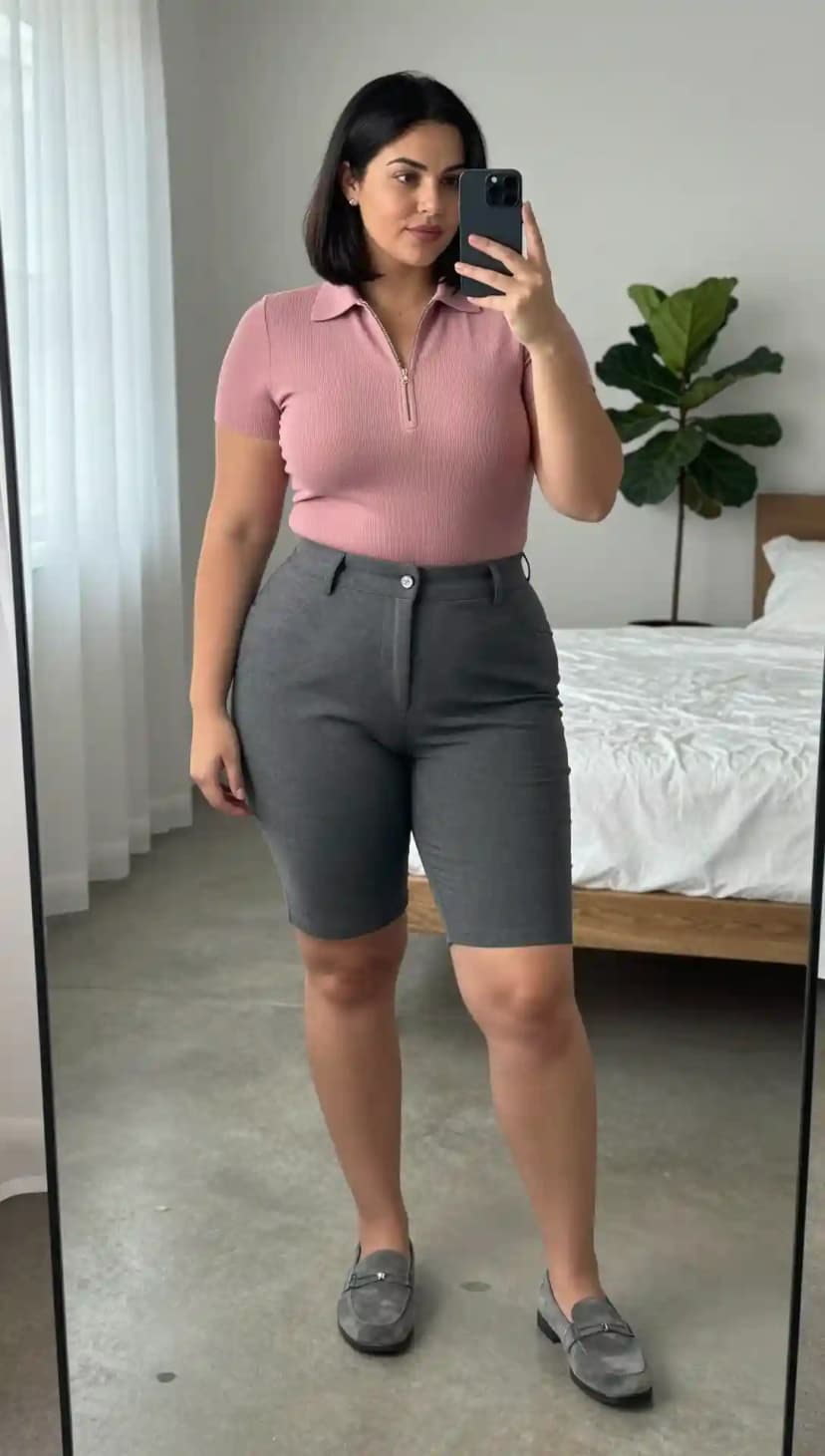 Pink Ribbed Zip Polo + Grey Tailored Shorts + Grey Loafers