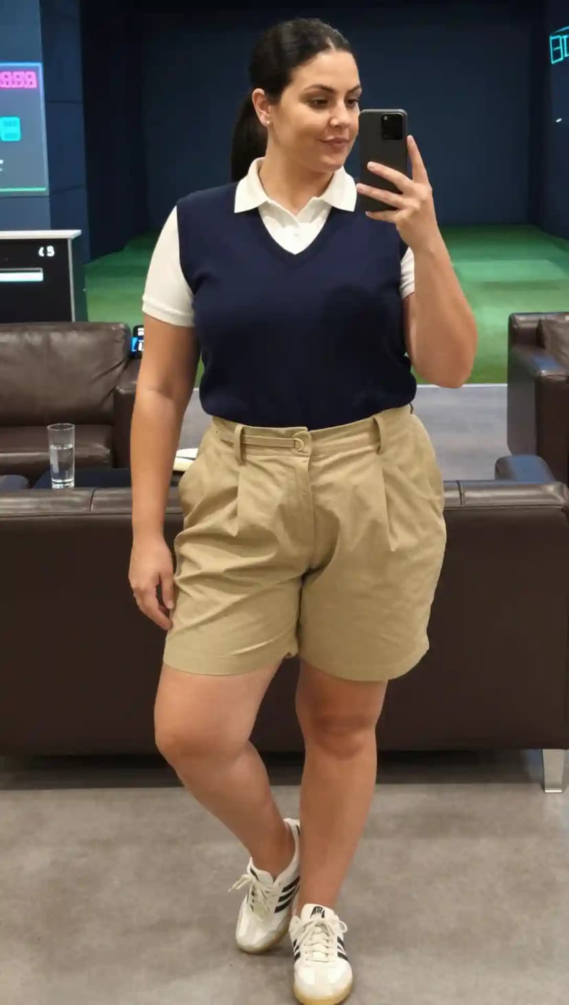 White Polo Shirt + Navy V-Neck Vest + Khaki Shorts