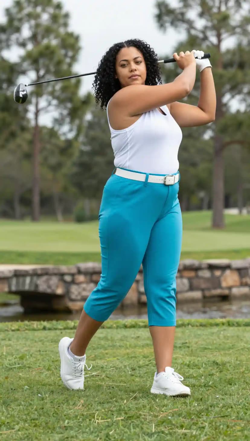 White Ribbed Tank Top + Teal Capris + White Belt