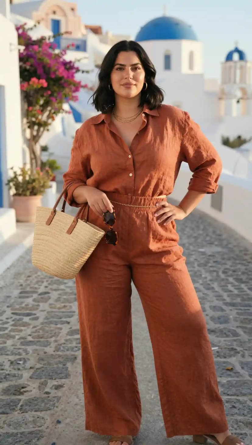 Rust Linen Button-Up Top + Rust Linen Wide-Leg Pants