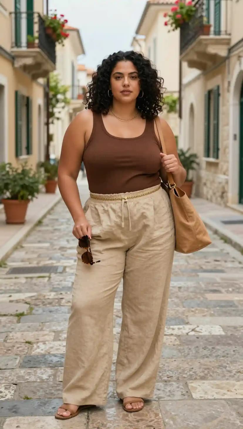 Brown Ribbed Tank Top + Beige Linen Wide-Leg Pants